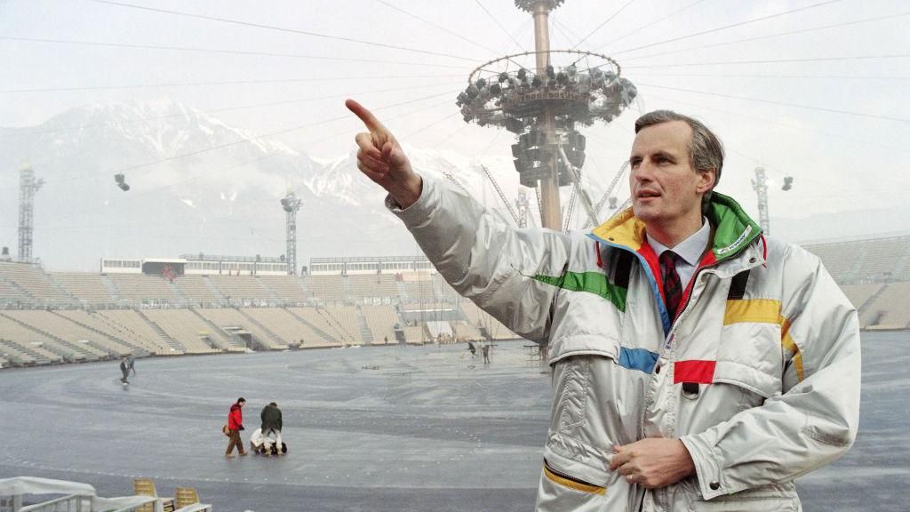 Michel Barnier at the Olympic stadium of Albertville ahead of the 1992 Winter Olympics