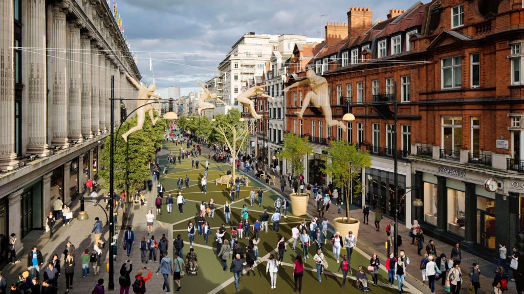 CGI of Oxford Street shows pedestrians walking on green pavement with trees and artwork above