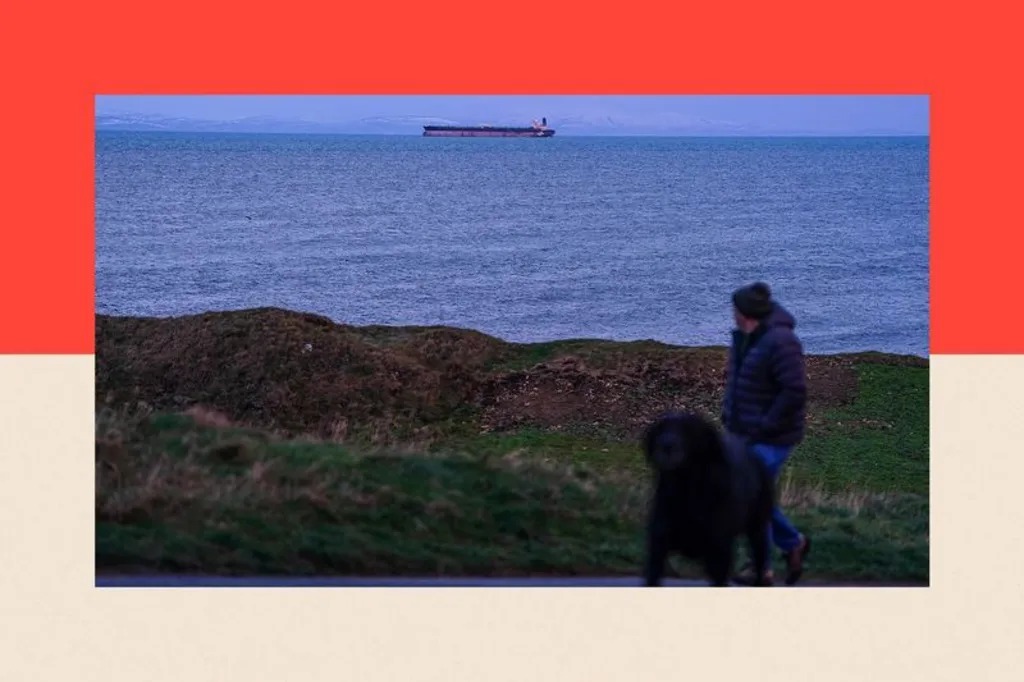 A man walking a dog on a gloomy day in the foreground, with a tanker sitting out at sea in the far distance