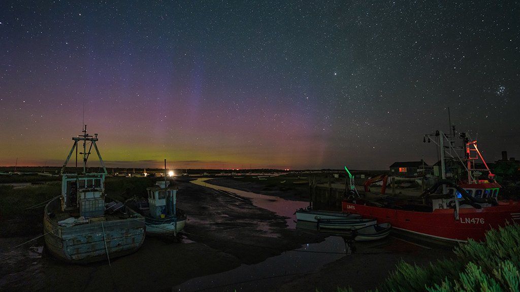Aurora borealis seen from Brancaster Staithe in Norfolk