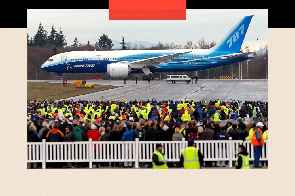 Attendees look on as a Boeing 787 Dreamliner taxies before taking off for its first test flight at Paine Field in Everett, Washington, on 15 December 2009.