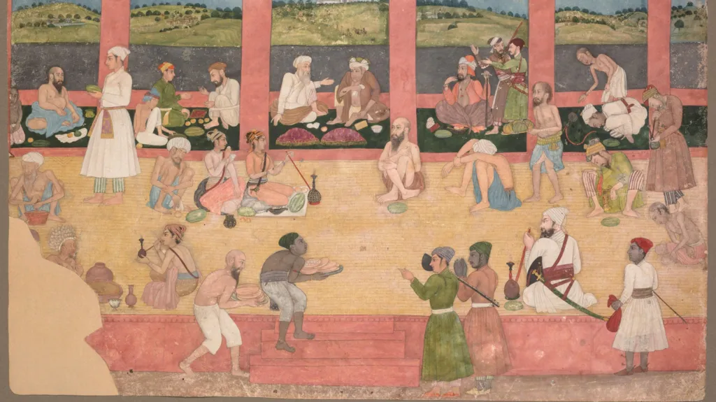 Opium Smokers Served Fruit and Bread, circa 1750, gum tempera and gold on paper