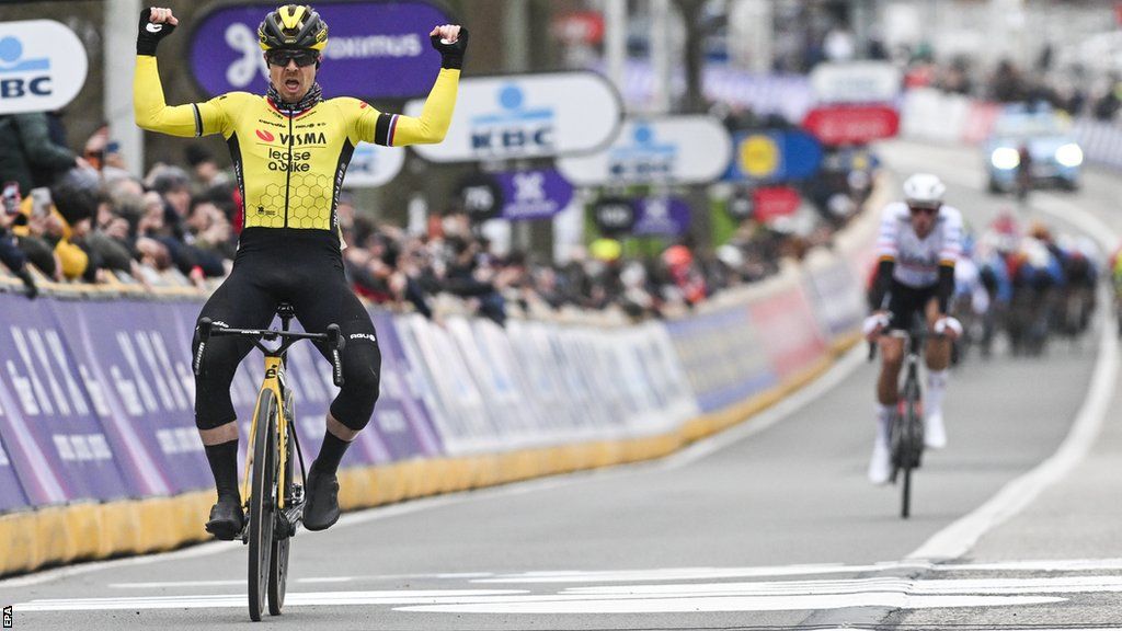 Jan Tratnik celebrates winning the Omloop Het Nieuwsblad one-day race