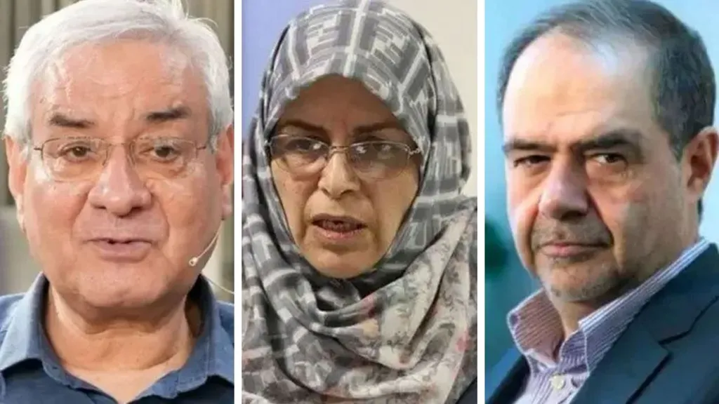 Composite image showing Ebrahim Asgharzadeh (L), Azar Mansouri, head of the Reformist Front (C), and Mohsen Aminzadeh (R)