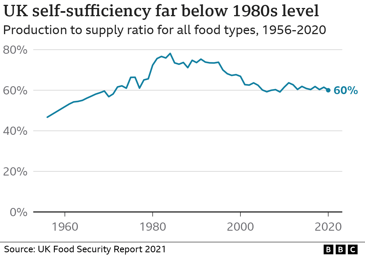 A chart showing the UK's food production to supply ratio, with data beginning in 1956 at 47% and then gradually rising most years until it peaked in 1984 at 78%. Since then, it has gradually fallen, with a few bumps along the way, and it sat at 60% in 2020.