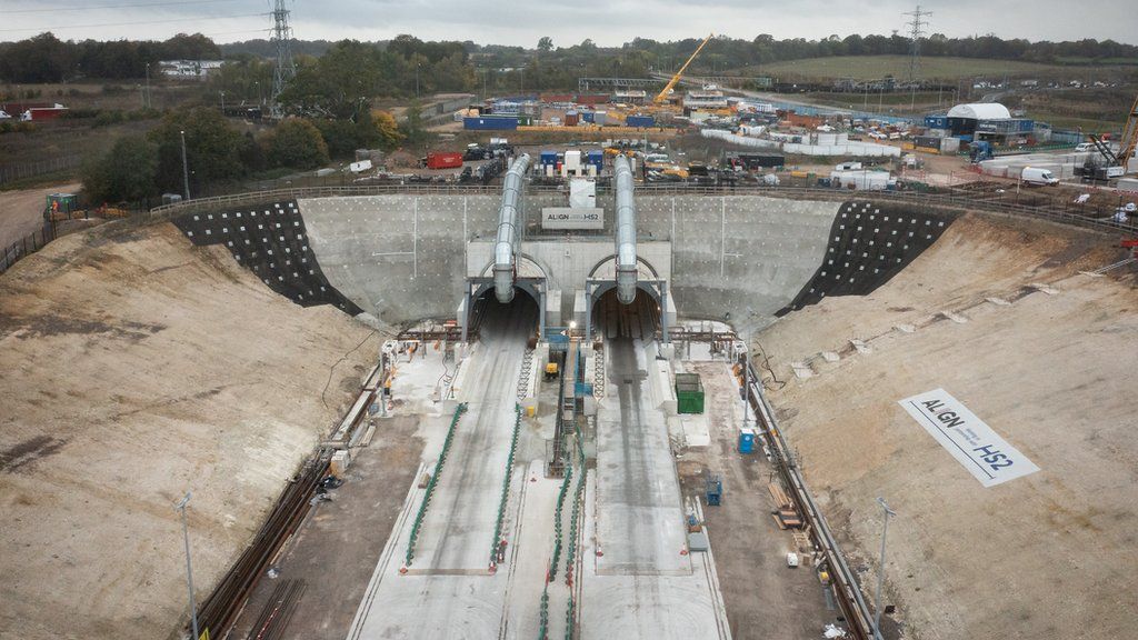 Aerial view of the tunnel entrances at the HS2 south portal site in West Hyde, England