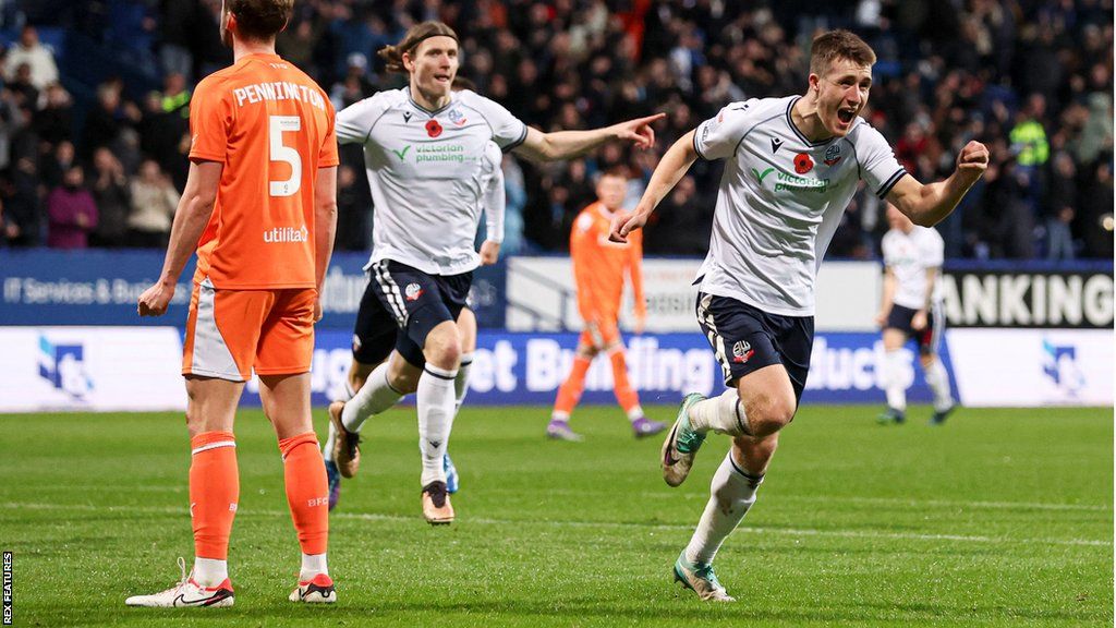 Bolton's George Thomason celebrates his goal against Blackpool