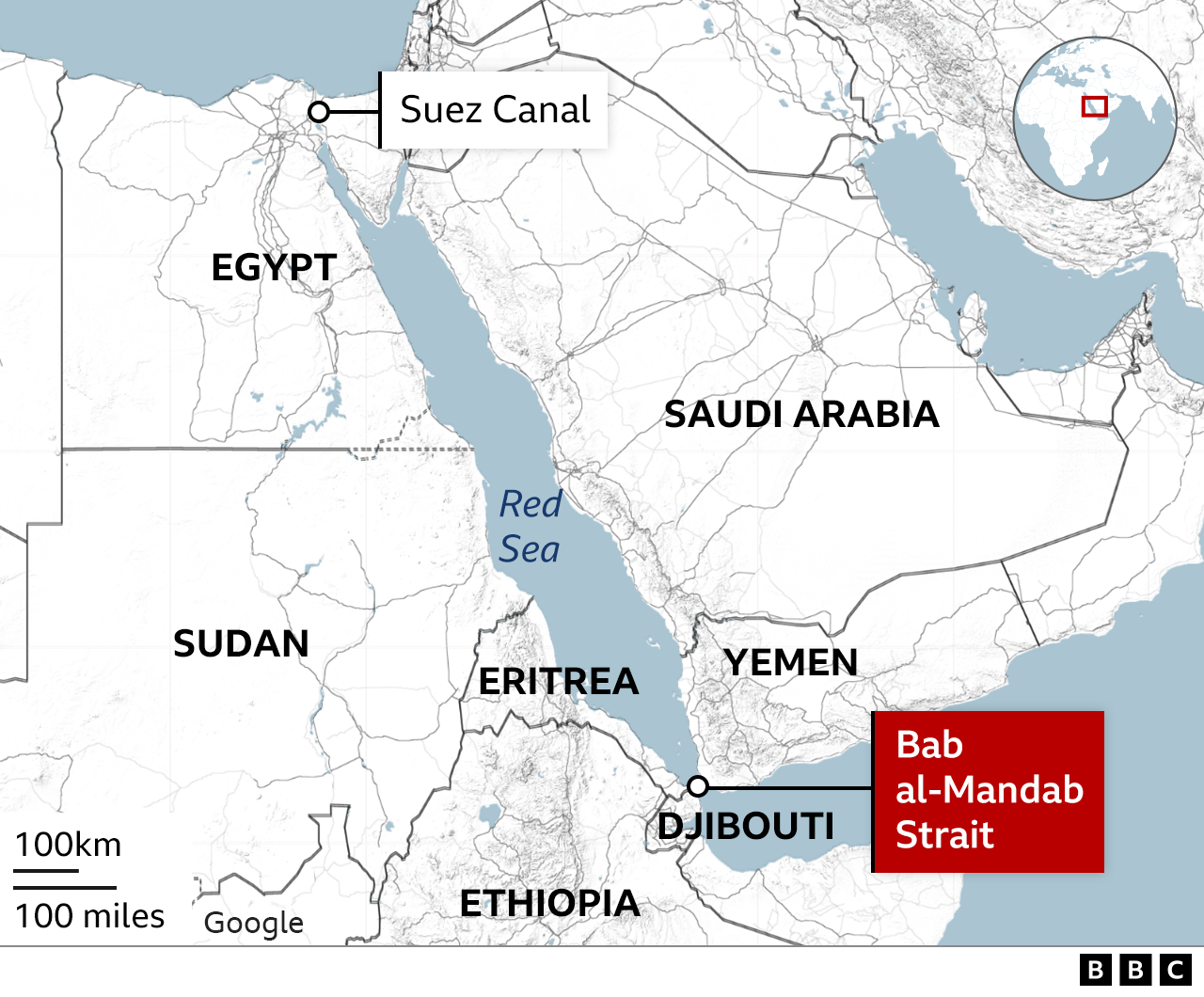 A map showing the Bab al-Mandab strait, which sits between Yemen on the Arabian Peninsula and Djibouti and Eritrea on the African coast