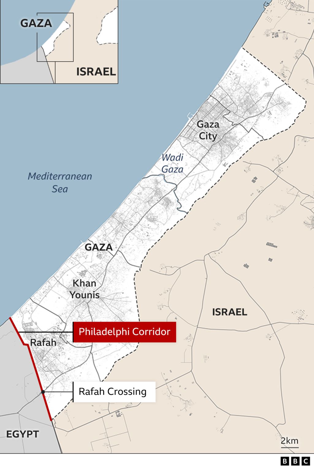 Map of Gaza Strip showing location of Philadelphi Corridor and Rafah crossing