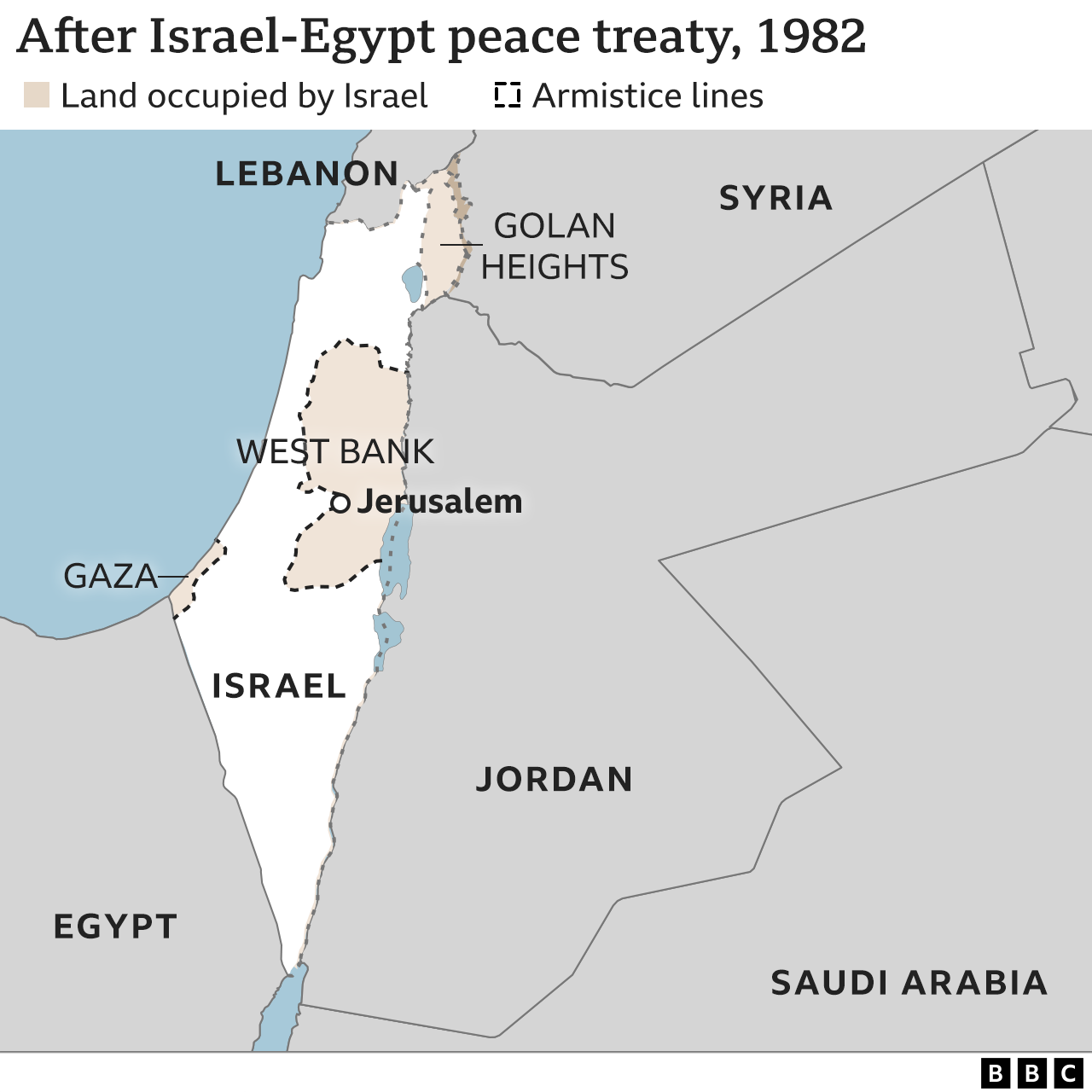 Map showing Israel and region in 1982 after Israel-Egypt peace treaty