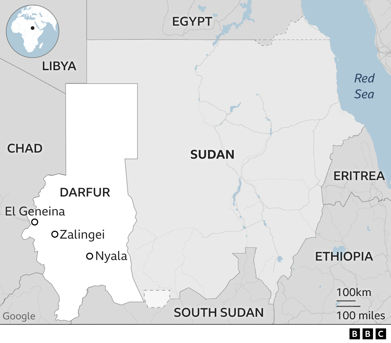 A map of Sudan showing El Geneina, Zalingei and Nyala