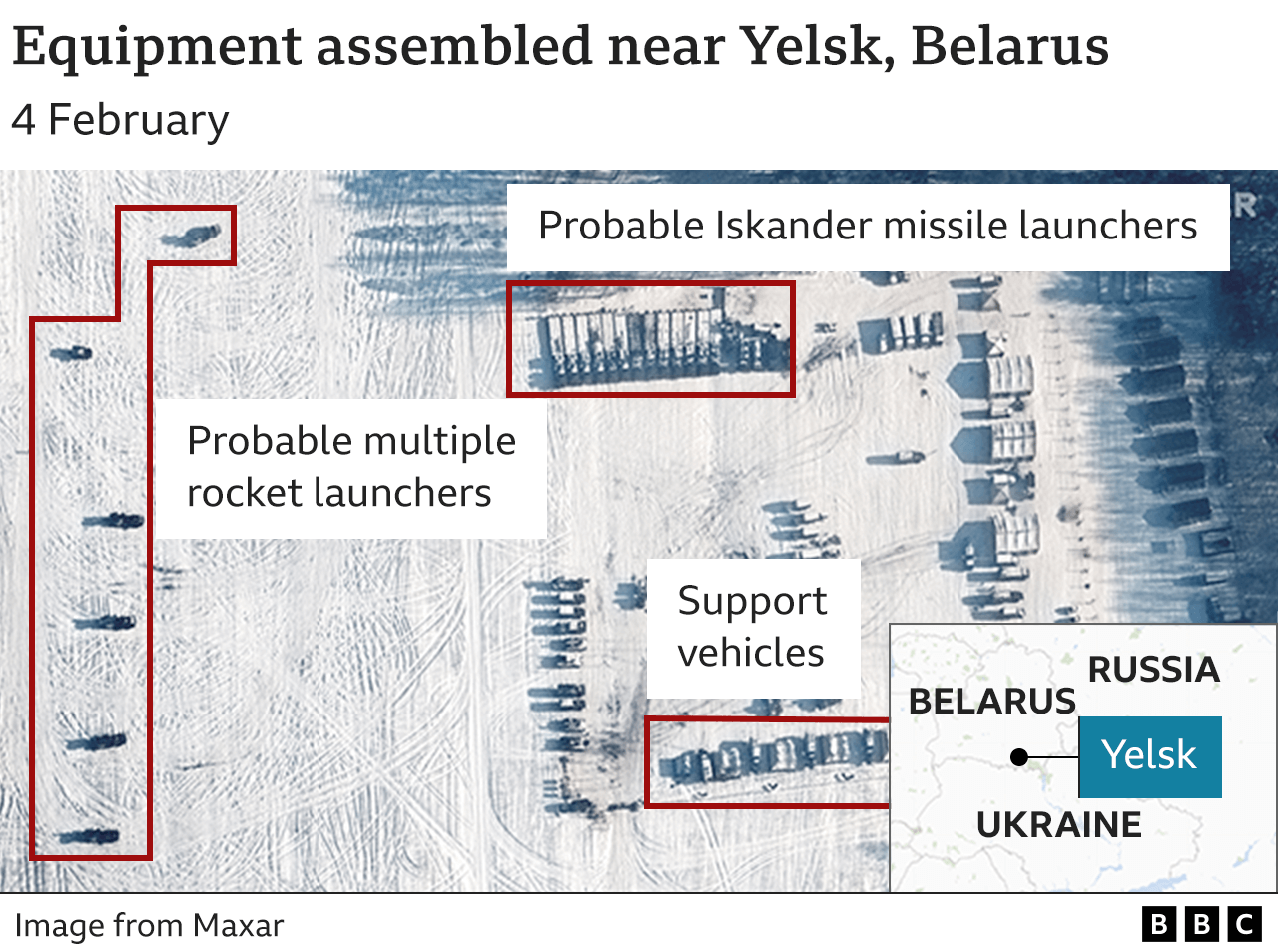 Satellite image showing equipment near Yelsk. Updated 10 Feb