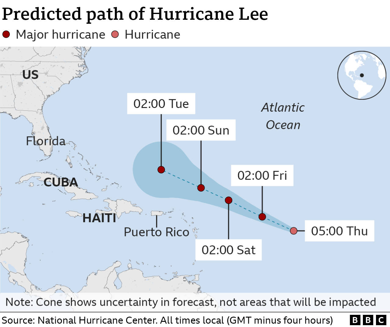 A map showing the progress and direction of Storm Lee over the Caribbean