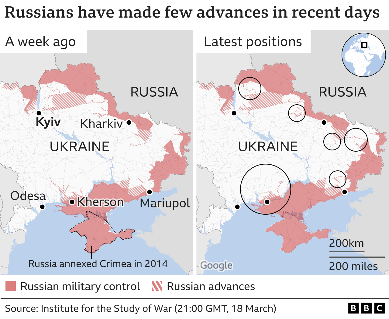 Map showing the areas of Ukraine where Russians controlled or were advancing into a week ago and today