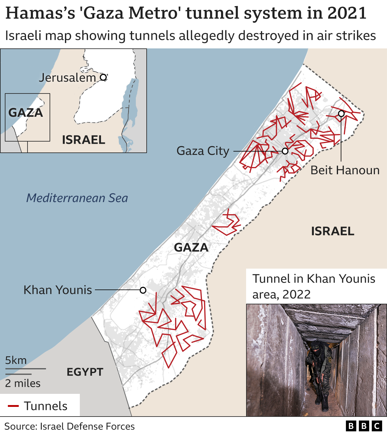 Graphic based on 2021 Israeli military map showing destroyed sections of Hamas's "Gaza Metro" tunnel system