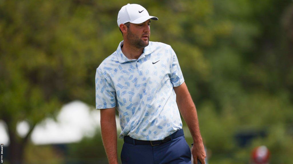 Scottie Scheffler looks on at the Houston Open