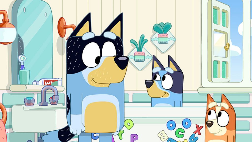 Bluey and family in bathroom