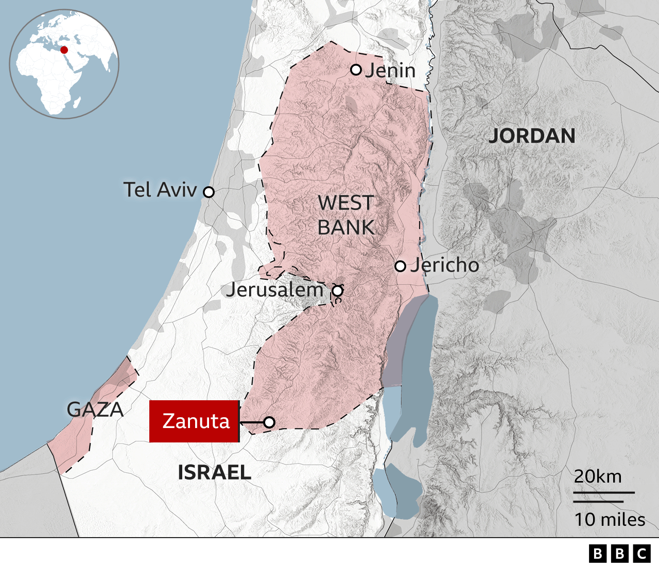 Map showing location of Zanuta in the occupied West Bank