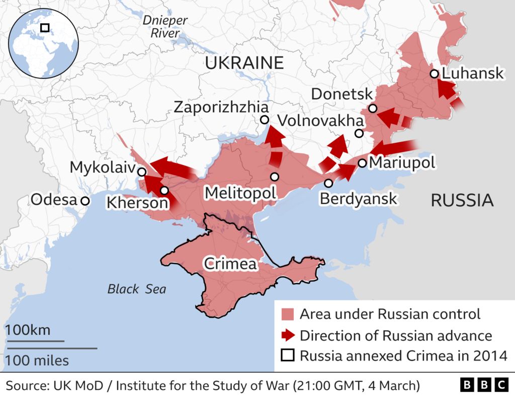 Map showing areas in southern Ukraine that are under Russian control