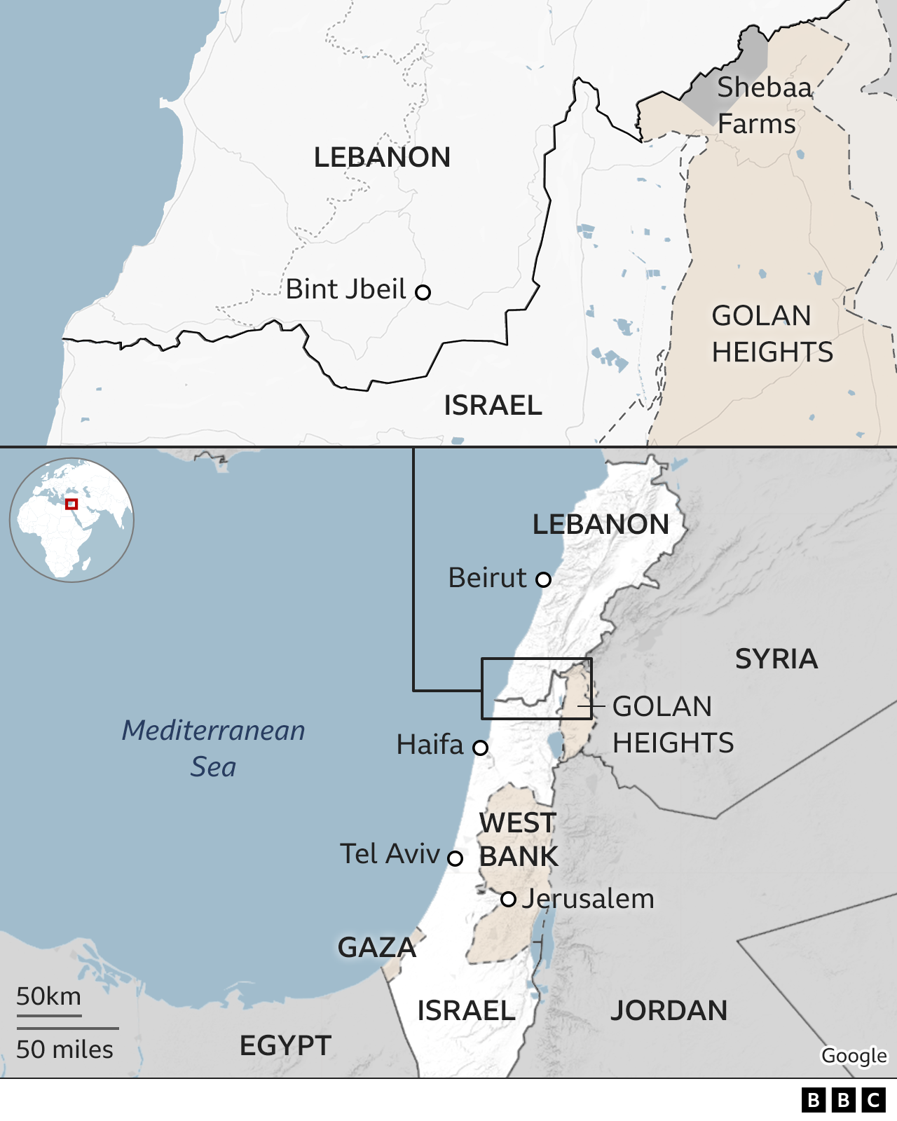Map showing Israel and Lebanon, including location of Bint Jbeil