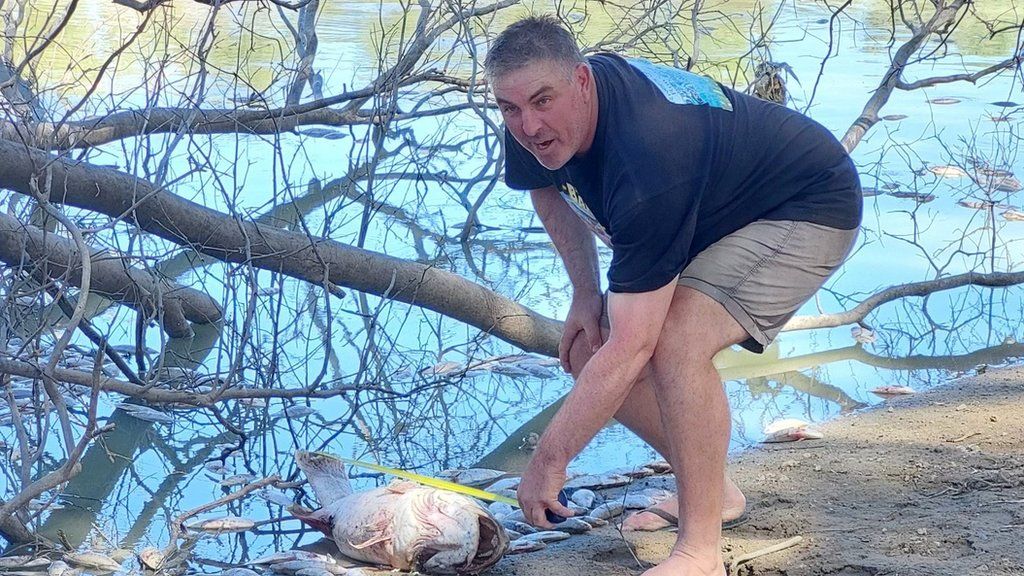 Local resident Graeme McCrabb measures a dead fish