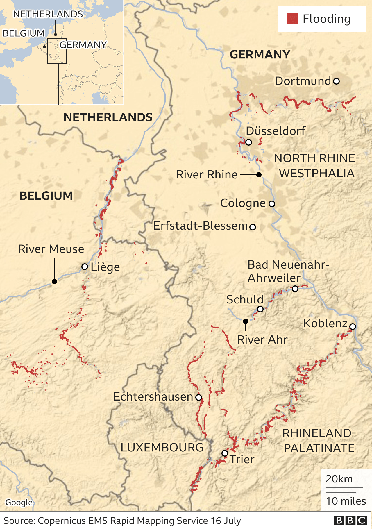Map showing areas of flooding in Western Europe