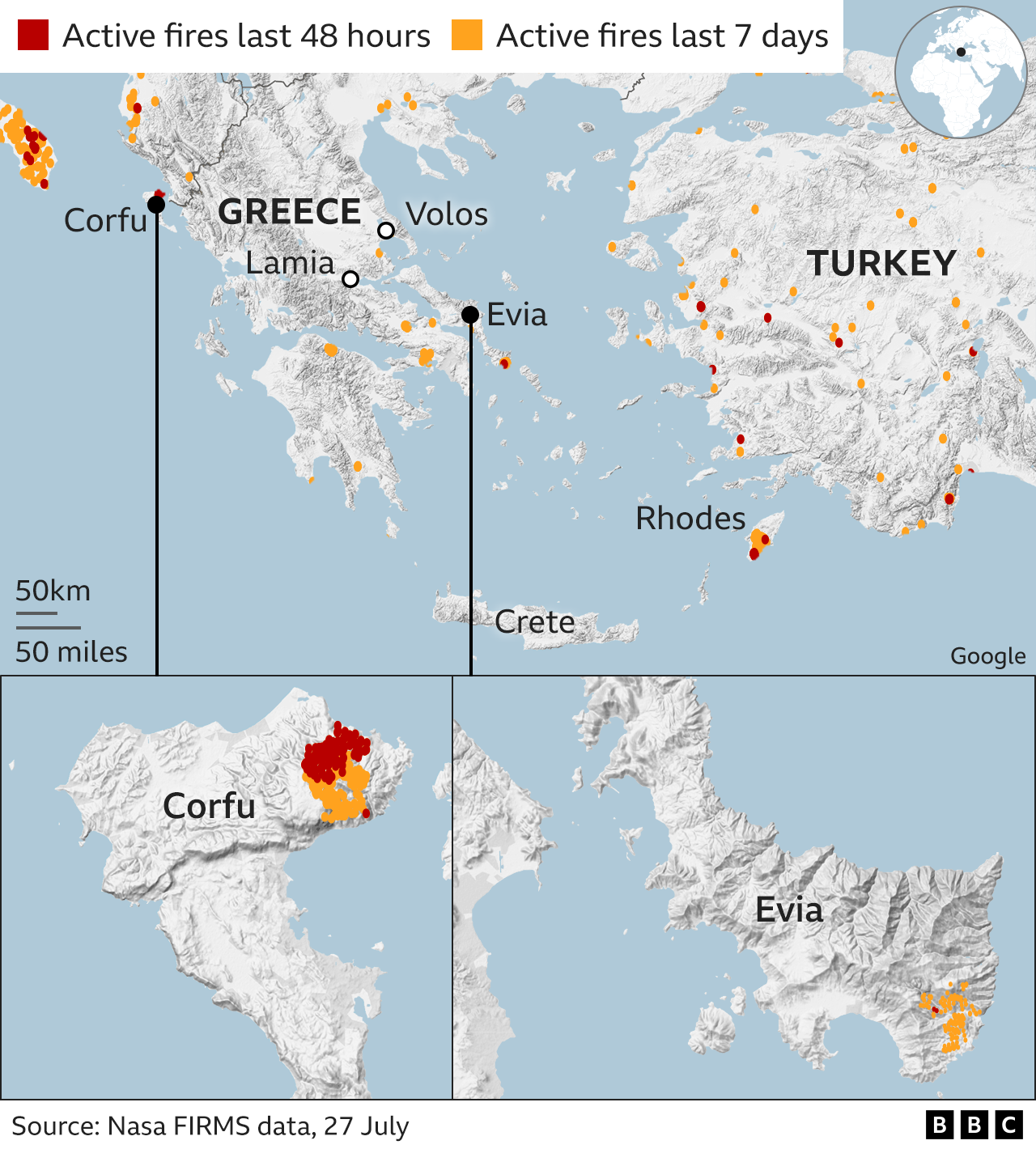 Map showing fires in mainland Greece, Corfu and Evia over last 48 hours and last seven days