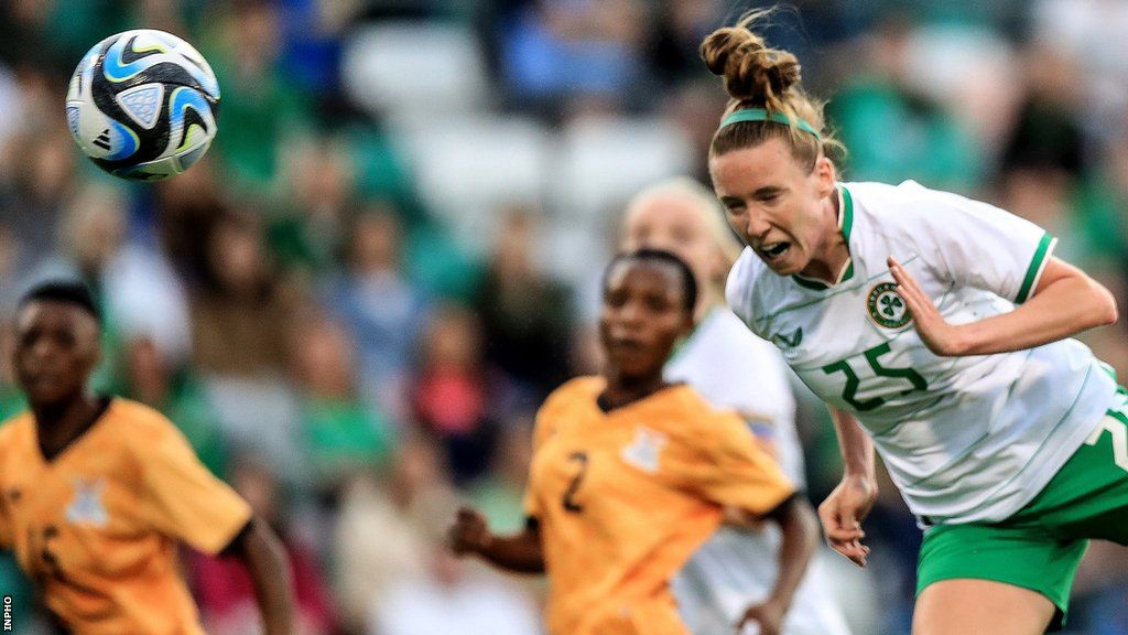 Celtic defender Claire O'Riordan nods the Republic of Ireland into a 2-1 lead against Zambia