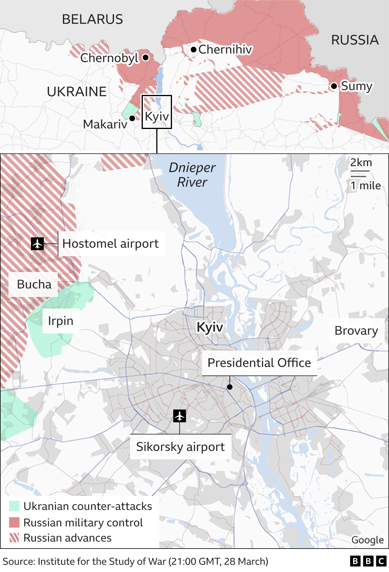 Map showing how Russian forces are positioned around Kyiv