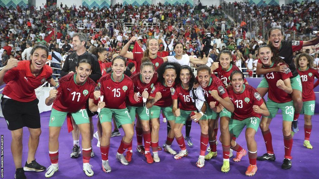 Morocco Women's Football Team celebrating after beating Botswana in the quarterfinal of the Women's Africa Cup of Nations