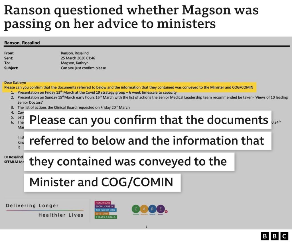A copy of an email sent from Rosalind Ranson to Kathryn Magson: 'Please can you confirm the documents referred to below and the information they contained was conveyed to the Minister and COG/COMIN"