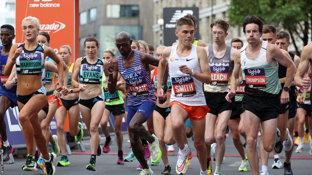 Mo Farah on the start line of the Big Half in London, 2022