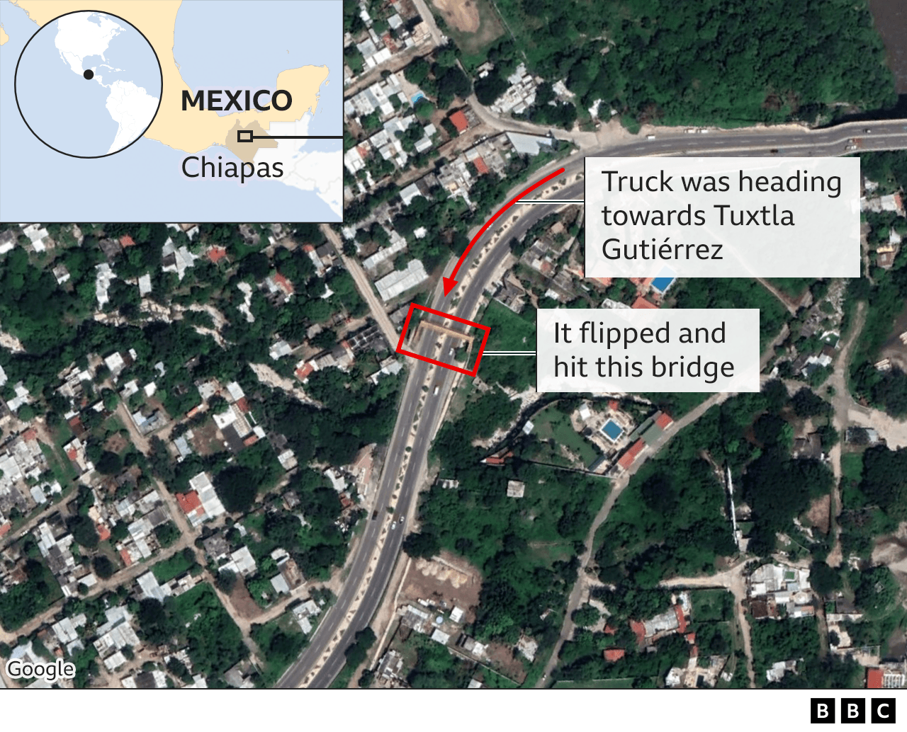 Satellite image showing the site where the truck crashed
