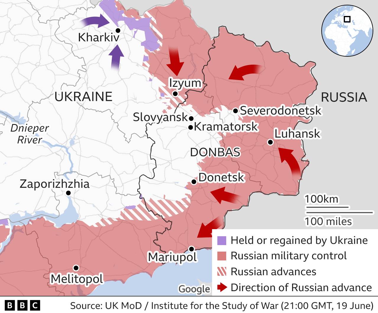 Map of eastern Ukraine, showing Russian areas of control, updated 20 June