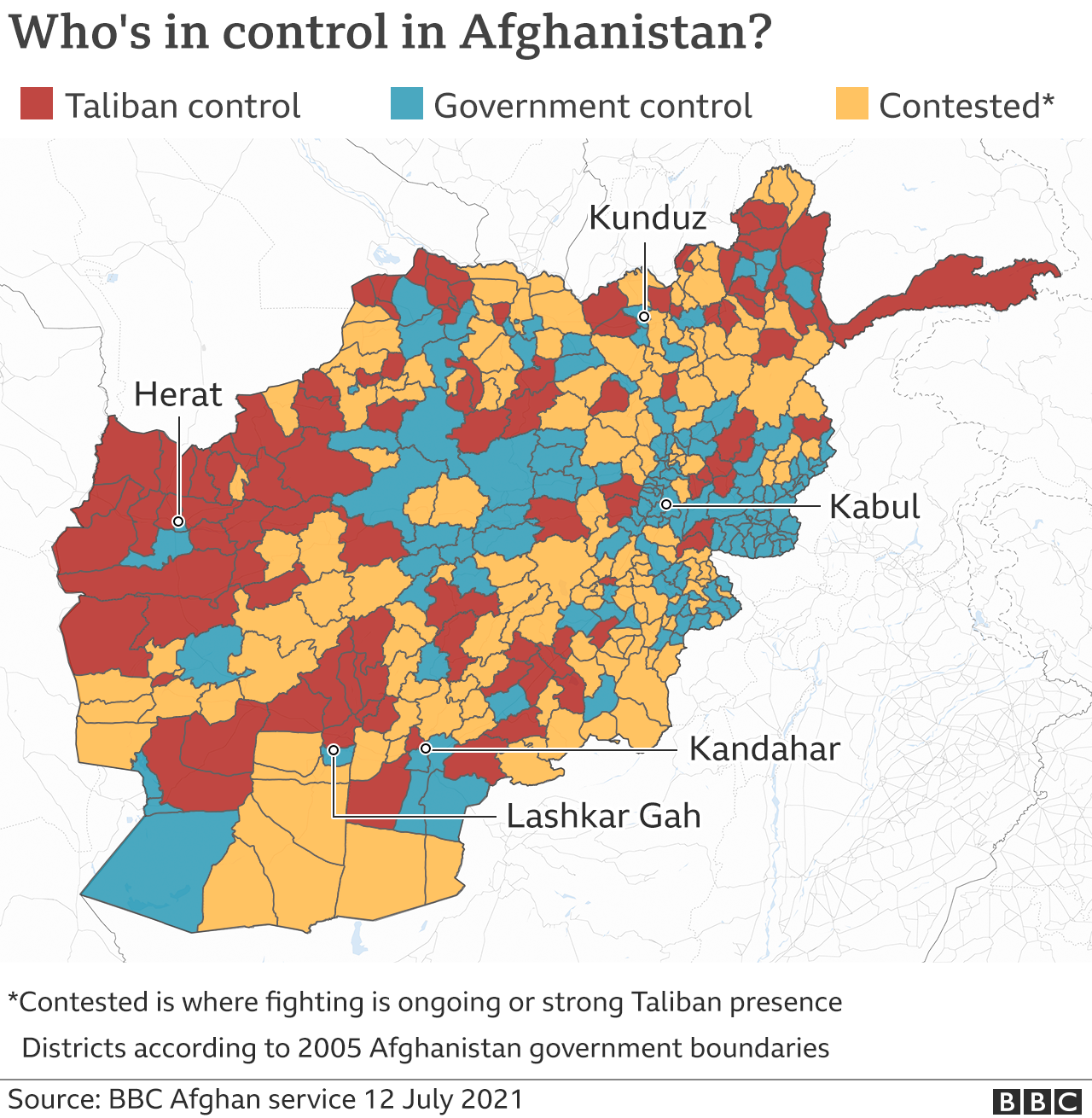 Карта, показывающая районы, контролируемые Талибаном и правительством