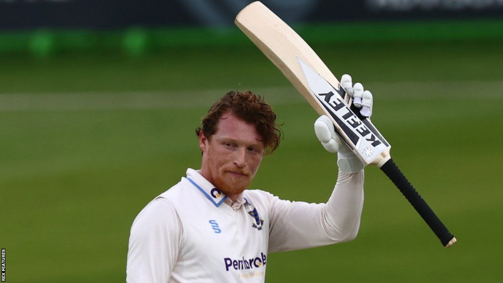 Sussex batter Tom Alsop celebrates his century on day two against Leicestershire