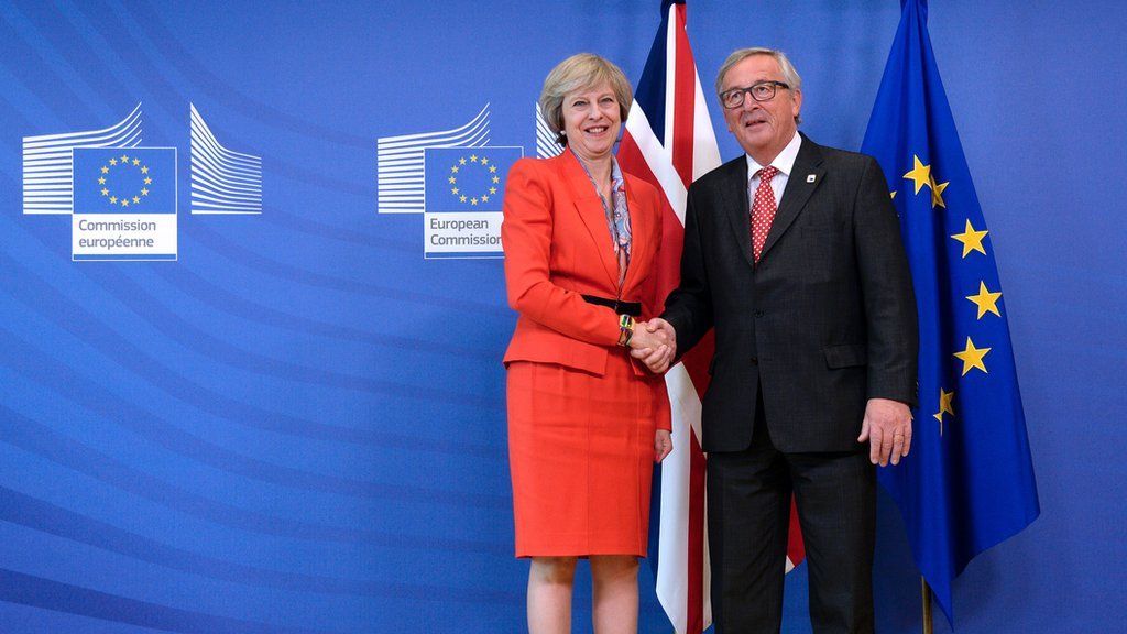 Theresa May shaking hands with Jean-Claude Juncker