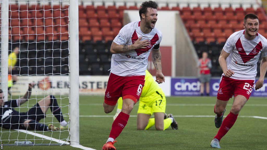 Callum Fordyce celebrates during the Championship play-off semi final first leg against Falkirk last year