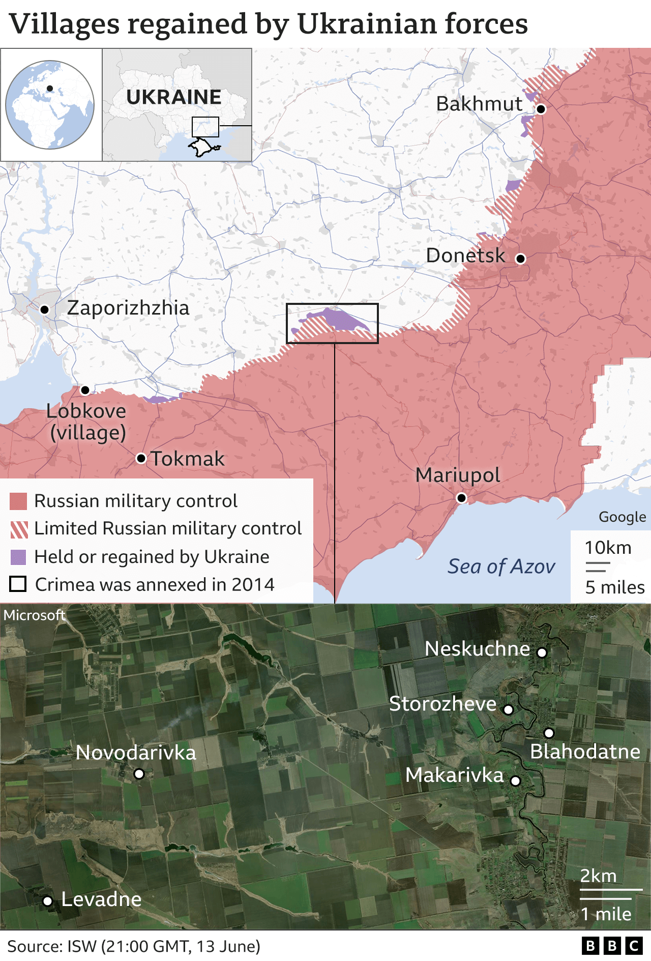 Карта, показывающая район Донецка, где происходит большая часть последних боев, и семь деревень, отвоеванных Украиной
