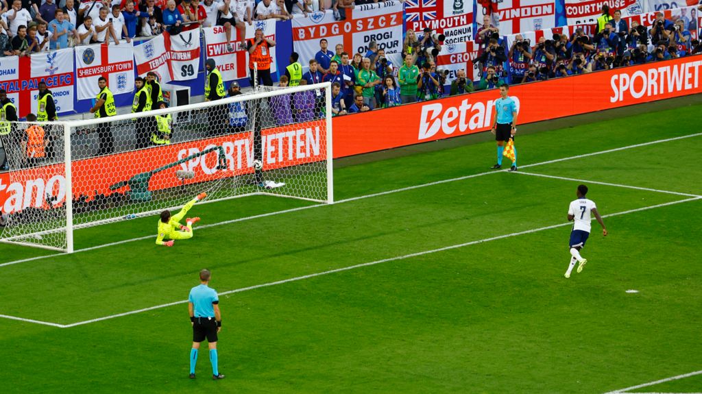 Bukayo Saka scoring a penalty against Switzerland