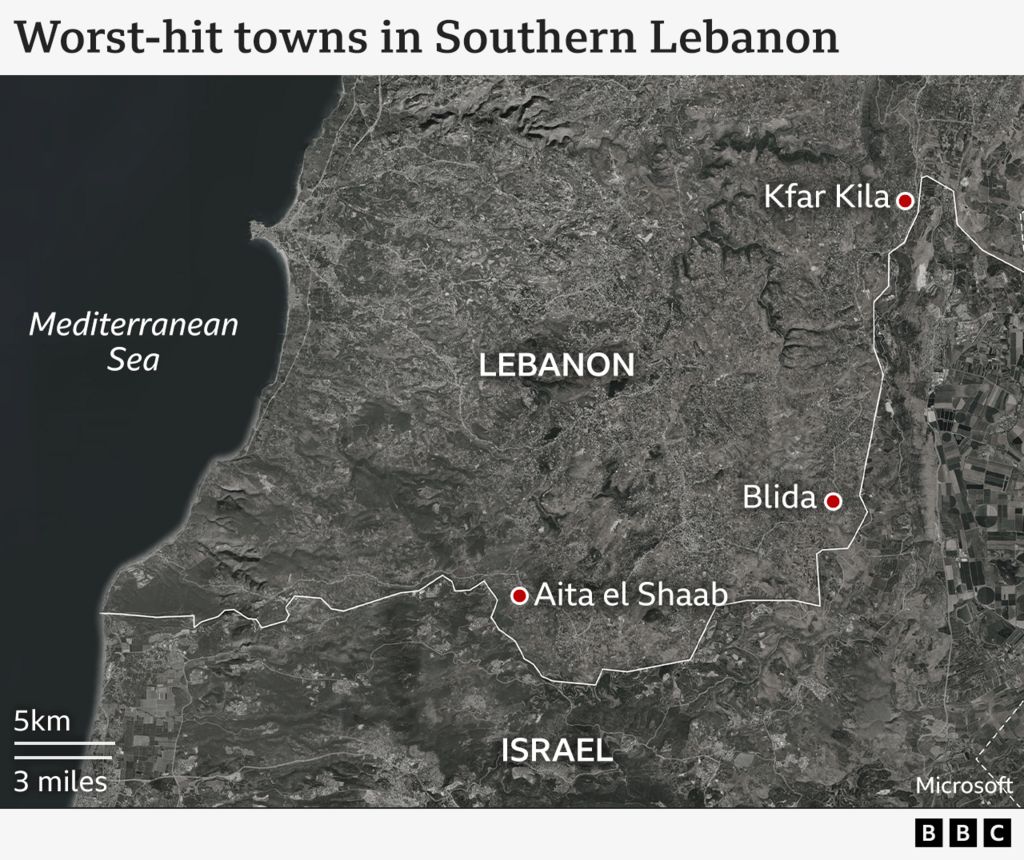 A map showing the location of the three worst-hit towns