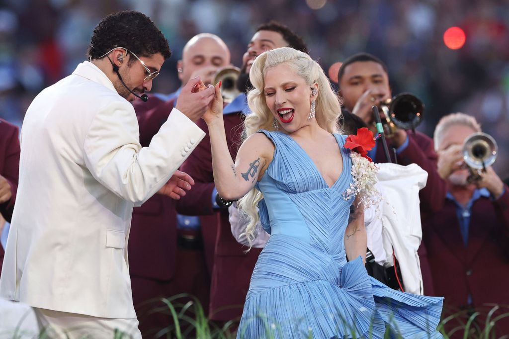 Picture of Bad Bunny embracing Lady Gaga during his half-time show performance