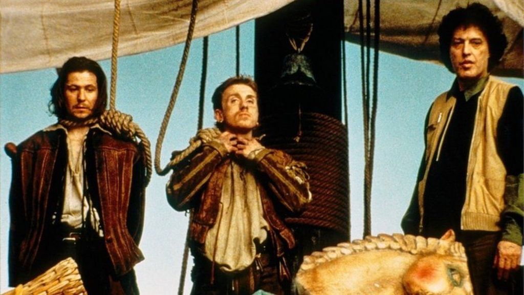 Stoppard on the set of his film Rosencrantz and Guildenstern are Dead starring (L) Gary Oldman  and (C) Tim Roth