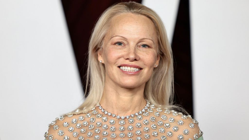 A picture of Pamela Anderson in a sequined top