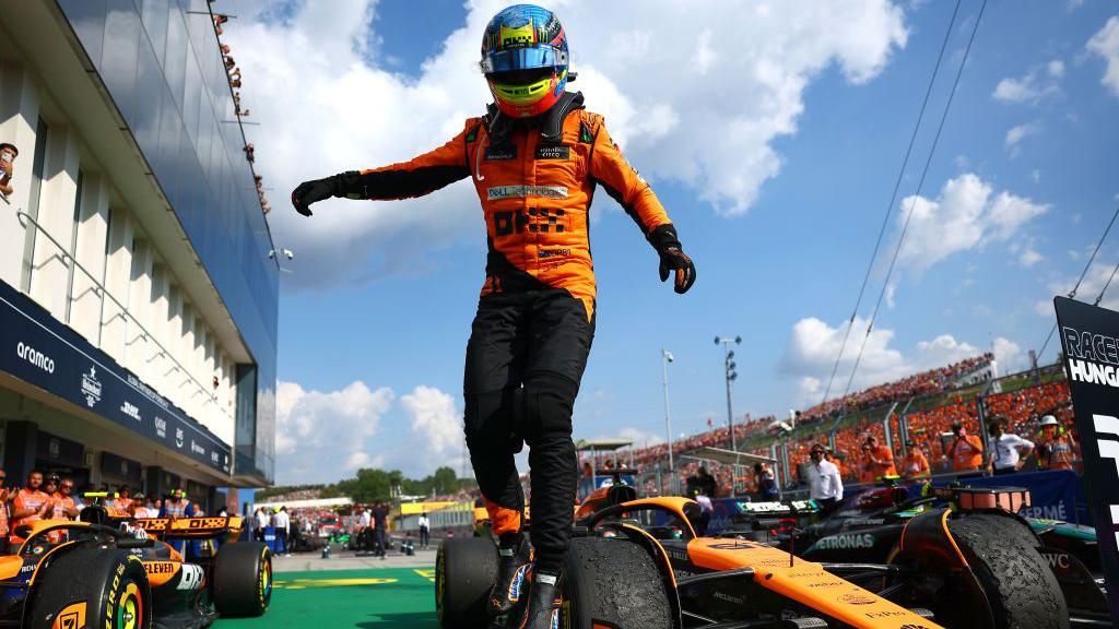 McLaren driver Oscar Piastri celebrates his win in the Hungarian Grand Prix