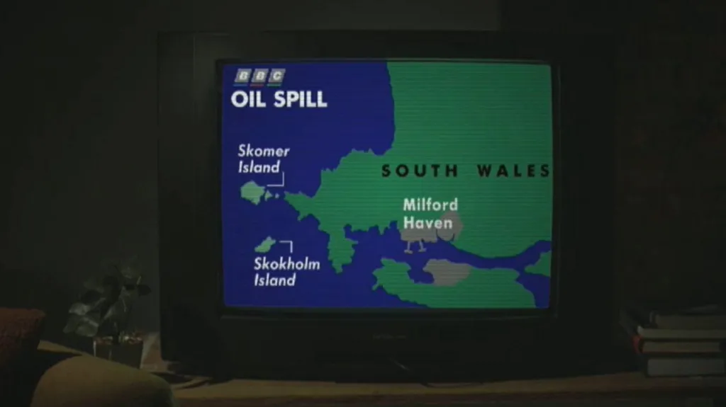 A TV showing a news piece from 1996 illustrating where the Sea Empress had run aground.  