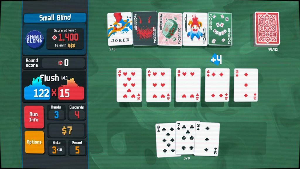 Screenshot from Balatro shows a row of five numbered heart cards under a row of five joker cards with different creative designs. To the left a score screen shows 