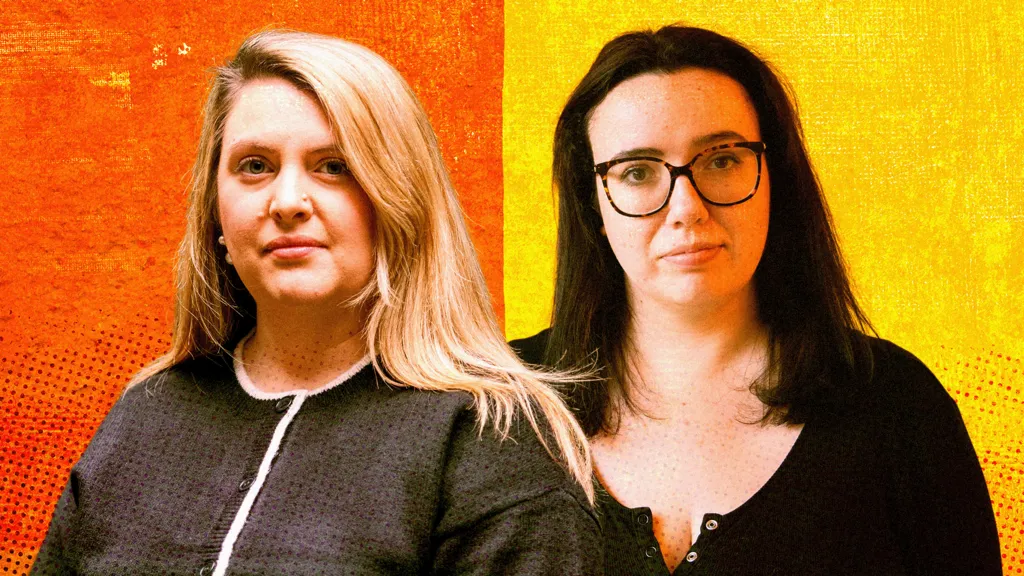 Sophie Hartley and Beth Cooper pose together against a bold, stylized backdrop split into orange and yellow. Sophie on the left has long blonde hair and wears a dark buttoned top with white trim. Beth on the right has dark hair, glasses, and a black buttoned top. The background features a dotted, textured gradient that gives the image a modern, graphic look.