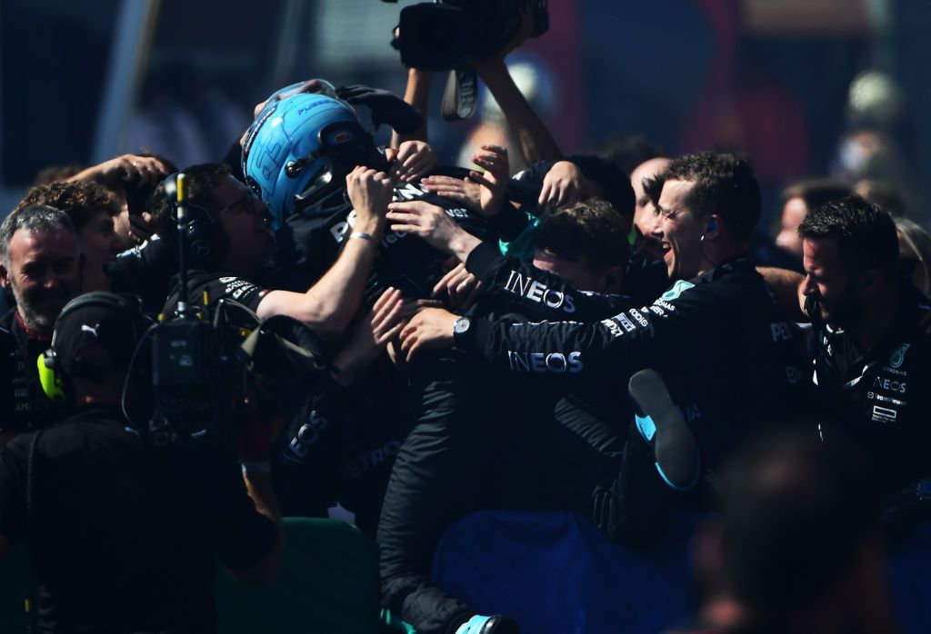 Mercedes celebrate George Russell's win - before he was disqualified