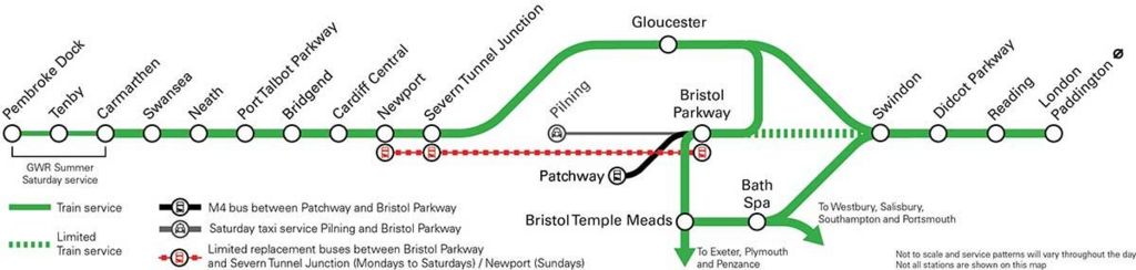 Map of diversions while the Severn Tunnel is shut